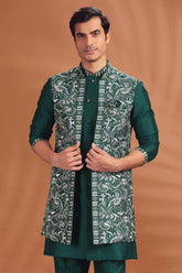 Bottle Green Silk Embroidered Kurta Pajama with Jacket